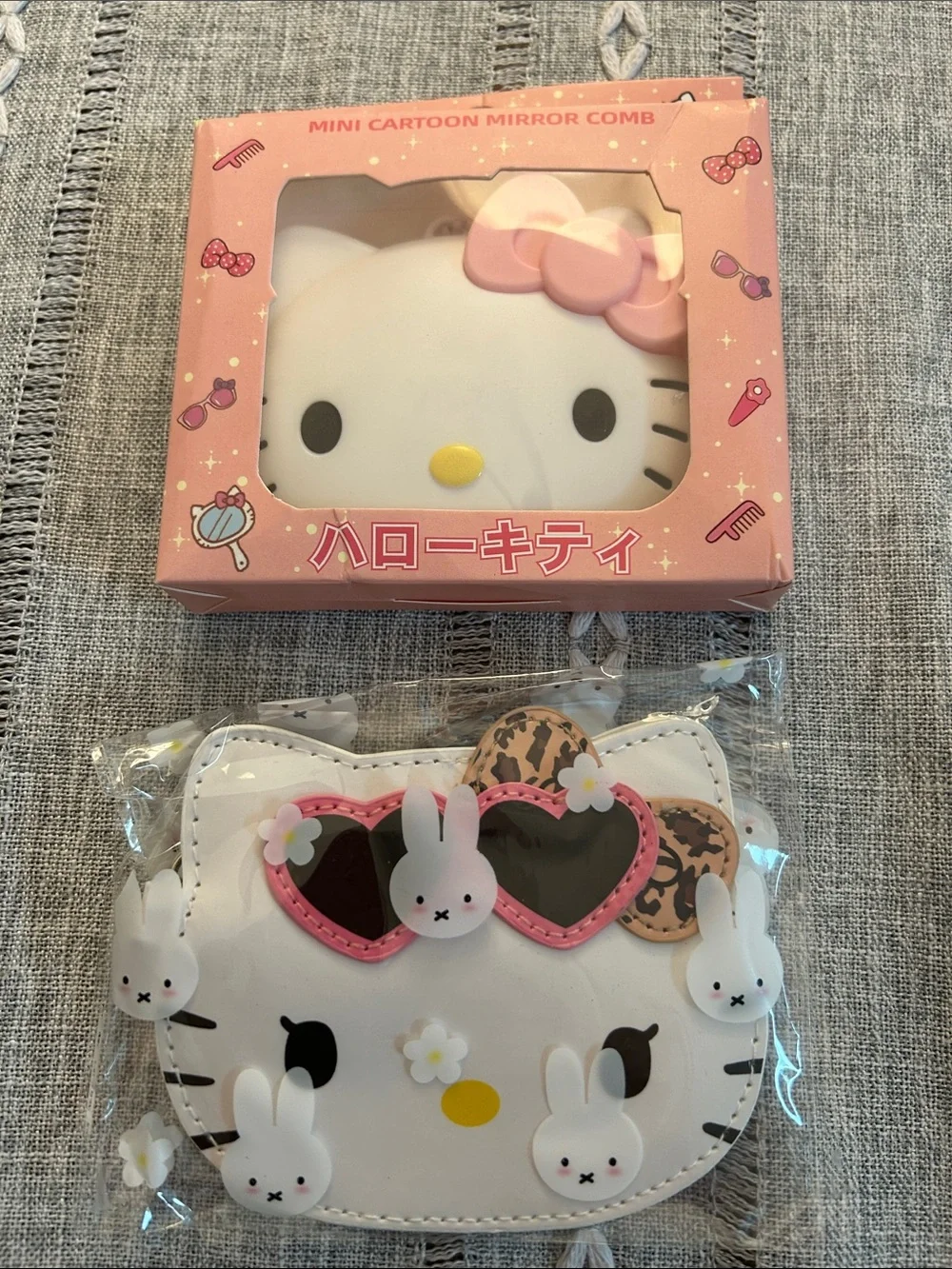 White & Pink Kitty Mirror/Comb Set and ID Holder